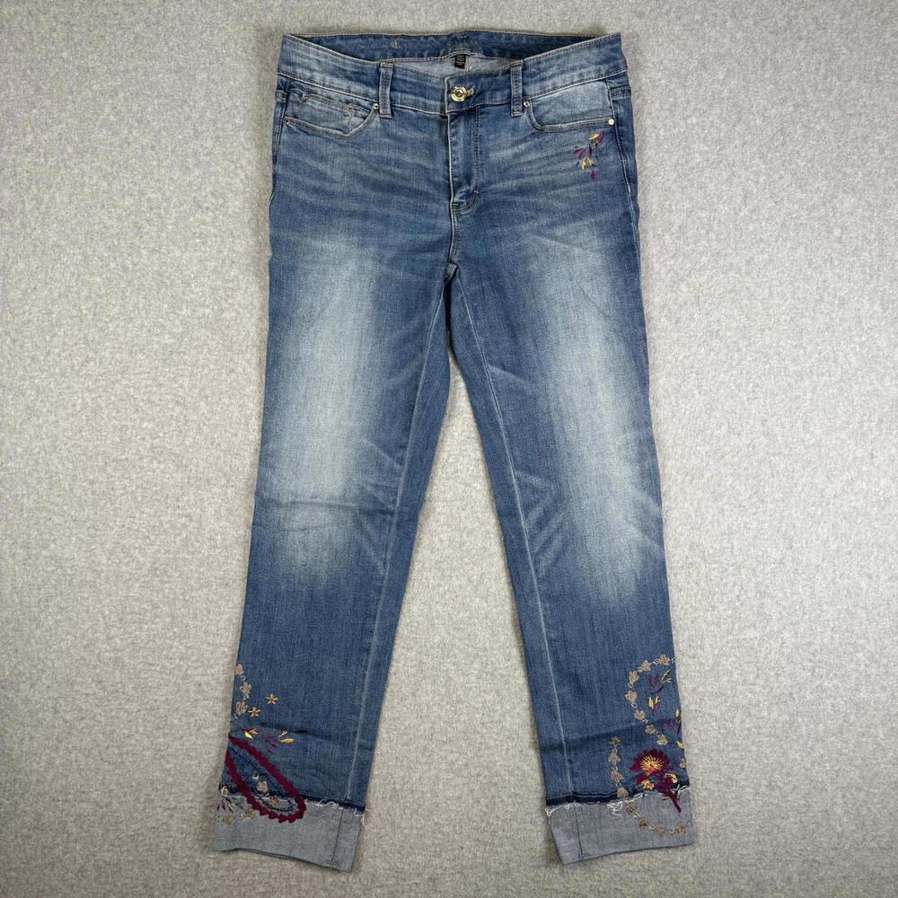 WHBM Women's Size 4 Long Blue Slim Cropped Embroidered Jeans Light Wash